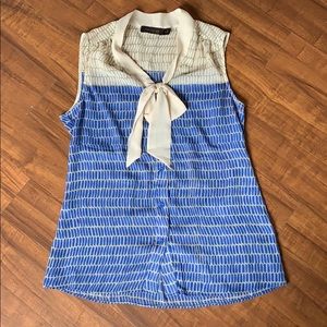 Blue and cream tie neck blouse